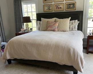 Bedside Manor Custom King Upholstered Bed Frame. Robert Allen Wool Velvet. Color: Thunder Grey. $1700. $2000 with mattress.