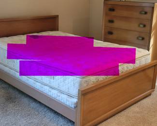 MCM DRESSER WITH GLASS TOP $50 AND MATCHING QUEEN HEAD AND FOOT BOARD $40