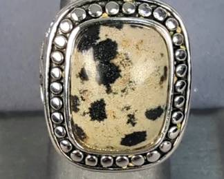 Costume Jewelry Rings Including Dalmatian Style Stone Ring, Long Mother Of Pearl Ring, Eternity Ring With Green and Clear Stones, And Black Metallic Ring