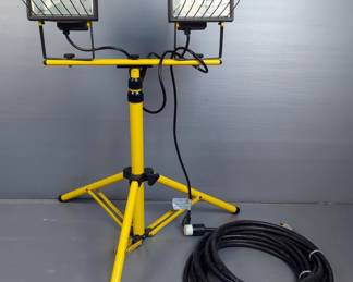 Halogen Work Lights On Adjustable Tripod Stand, Powers On And Extension Cords, Qty 2