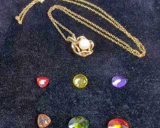 Gold Tone Necklace With Faux Pearl, And Faux Gemstones, Various Colors