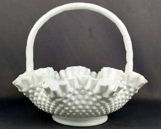 Hobnail Milk Glass Handled Basket With Ruffled Edge And Diamond Point Candy Dish