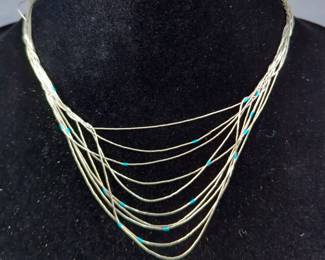 Liquid Silver Necklace With Beads Of Turquoise