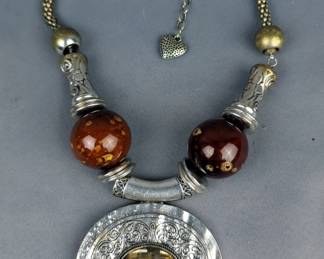 Silver Toned Medallion Style Necklace With Beads, Medallion Measures, 3" x 3.25"