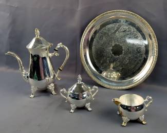 International Silver Co Silver Plate Tea Set Including Platter, Kettle And More, Royal Limited Silver Plated Food Warmer Set, 17.5" Serving Tray, And More