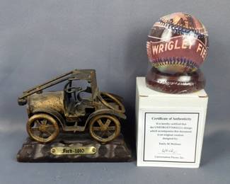 Metal Ford Unforgettaball "Wrigley Field", No. F6773311910, Includes COA And Scrap Metal Car On Wood Base, 4" x 5.5"