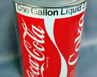 Sitco Fountain Top Coca-Cola Dispenser Sign, Model 164088, Mfg. 1984, 6.5" x 16" x 4", Vintage Paper No-Drip Bottle Protectors, Qty 3, Coca-Cola Drinking Glasses, Qty 4, 8" And 4" Tall And Coca-Cola 1 Gal Fountain Syrup Can, 8.75" x 6.25"
