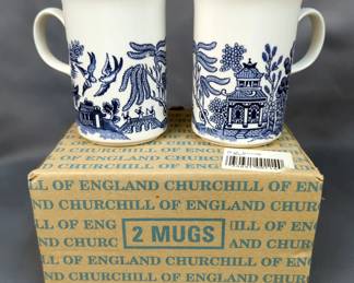 Churchill Classic Blue Willow 3 Piece Dinner Sets, Including Dinner Plate, Cup And Saucer, Qty 4 Sets, And 12" Platter And 2 Mugs, Made In England, All With Original Boxes