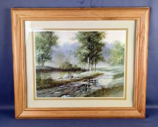 T.C. Chin Framed Matted Under Glass Signed Landscape Print, 24" x 19.5" And R. Adair Print, Framed Matted Under Glass, 17.7" x 20.5"