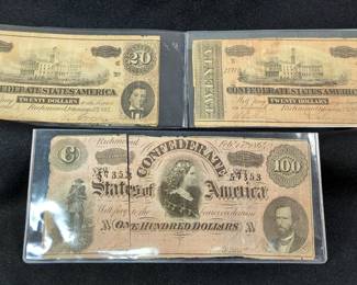 1864 Confederate States Of America $100 Dollar Bank Note And $20 Dollar Bank Notes, Qty 2