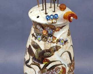 Satsuma Hand Painted Hat Pin Holder, 7.5" And Various Hat Pins