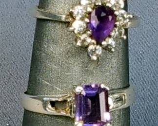 Silver Rings Marked 925 With Pear Shaped Amethyst Surrounded by Cz, Size 5 And Emerald Cut Amethyst With Side Stones