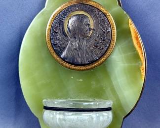 Marble Holy Water Font With Brass Rosa Mystica Medallion, 7.5" x 4.5"
