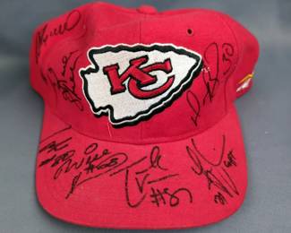 KC Chief Signed Football Cap, Tracy Rogers, Signatures Unknown And KC Baseball Cap, Signatures Unknown, And Display Case