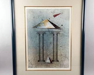 Architectural-Style Print Of Two Columns And Triangles, Framed And Matted Under Glass, 25.5" x 32", "Double Rolls", Unknown Artist, Paper Art Framed And Shadow Matted Under Glass, 30" x 18", Hsing Hua Chang Framed Matted Under Glass Print, Signed And Stamped, Numbered 84/950, 25" x 31.5" And More