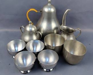 Hans Klein Den Haag Pewter Teapot, Sugar, Creamer, Kirk Pewter Jefferson Cups, Qty 2 And Chase Chrome Sherbet Cups, Qty 4