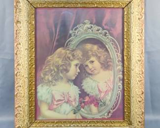 Compliments Of Smith Wallace Shoe Co. Girl And Her Reflection Print, Framed Matted Under Glass, 27" x 22.5"