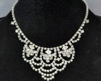 Rhinestone Art Deco Style Jewelry, Includes, Clear Rhinestone Matching Necklace And Pierced Earrings, Clear Rhinestone Expandable Bracelet, Ruby Colored Necklace, Blue Rhinestone Bracelet And Earrings, And More