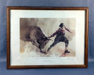Patrick Waters Watercolor "Bull Dancer" Brawley Cattle Call, Signed And Numbered, 132/250, Framed Under Glass Print, 19.5" x 25.5"