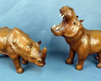 Leather Wrapped Rhino, 7.5" x 12.5" And Hippo, 11" x 11.5"
