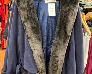sheared fur trimmed cashmere cape