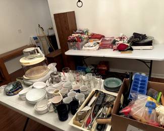 Glassware, kitchen utensils, tablecloths, dish towels