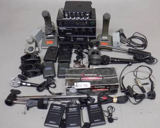 BOX ELECTRONICS INCLUDING PROMASTER, RADIO SHACK FM WIRELESS MIC SYSTEM, STERLING TOA PAGING MIC AND MORE