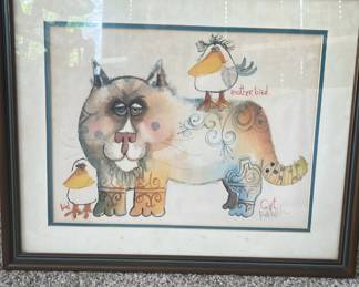 Vintage Don Nedobeck framed print, "Bird, Another Bird, Cat" 