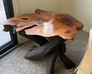 Raw cypress wood side table