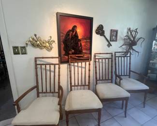 Set of (4) Vintage bamboo dining chairs; 2 armchairs and 2 armless. 