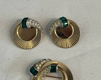 Vintage mid century Marcel Boucher "Emerald" & Rhinestone Circle Brooch and Clip Earrings