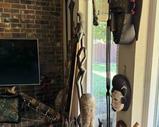 Bambara mask with brass and cowrie shells, Punu tribal mask, Maitland Smith chest on stand