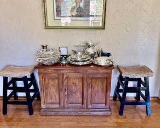 Henredon Artefacts cart, pair of bar stools, lots of silver plate, some sterling
