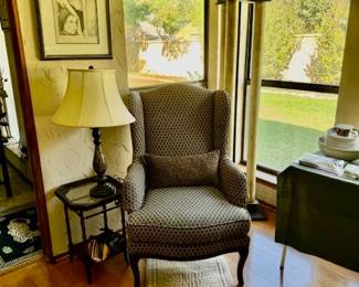 Wing chair and  3-lion torchiere lamp