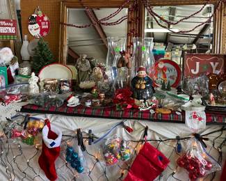 Christmas Decor! Christmas plates, ornaments, trays, garland, platters, nativity scenes, collectibles, snowmen, signs, table decorations, figures, Old World Santa figurine, vintage lamp, 