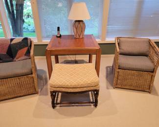 Game Table. Cane Armchairs. 