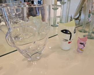 Orrefors Ramses Vase.  Kosta Boda "Faces" Vases.