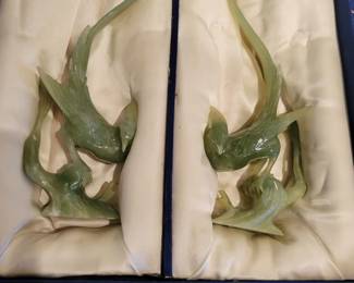 Carved Jade Birds with stands and Original Box.  
