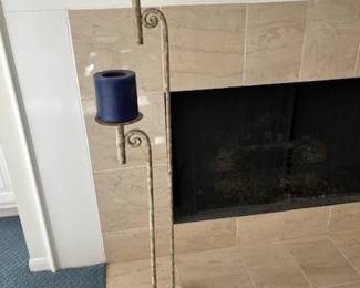 Estate - Antique White  &  Gold Floor Candle Holders - 34 & 45 inches tall (Metal frame sitting on stone base)