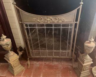 Vintage rass andirons and fireplace screen