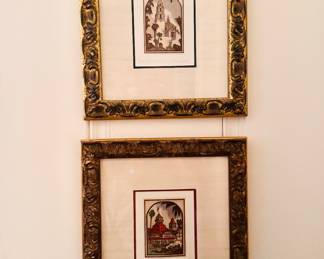 Aquatint etchings of the California Tower in Balboa Park and the Hotel del Coronado by Mary Leffler 