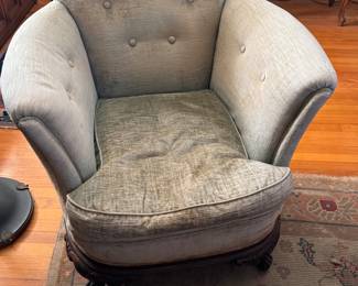 Antique barrel lounge chair with fancy mahogany base,