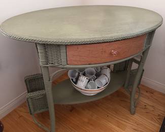 Antique painted wicker an oak oval desk with side book/folder holders