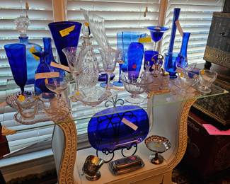 Antique table and Blue Glassware