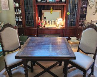 Antique expanding pub table with barley twist legs and chairs. 
Entertainment unit.