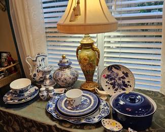 Blue and white platters and dishes