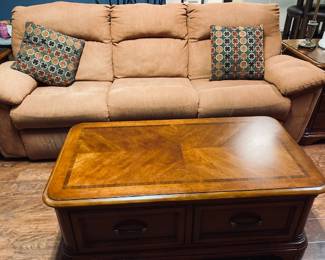 Dual Reclining Sofa/Couch. 2 Drawer Mid Century Coffee Table.