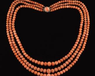 Antique Coral Triple Strand Necklace