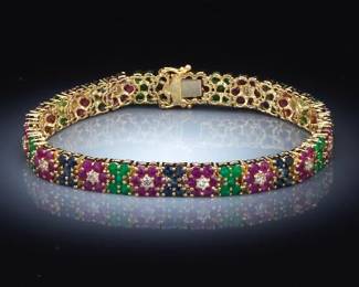 Ladies Gold, Diamond, Emerald, Ruby and Blue Sapphire Bracelet