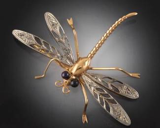 Antique Ladies TwoTone Gold, Black Pearl and Diamond Dragonfly Pin Brooch